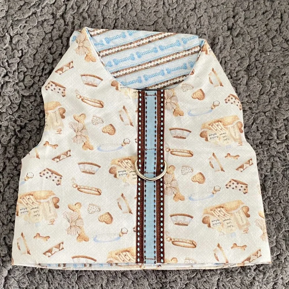 NEW- Dog HARNESS in LIGHT BLUE W- BROWN dog items in print- handmade